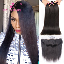 Load image into Gallery viewer, Beauty Grace Bundles With Frontal 3 Bundle Non Remy 13x4 Frontal Closure Peruvian Straight Human Hair Weave Bundles With Closure