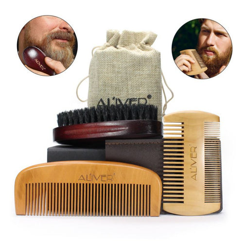 3 Pcs Men Moustache Beard Comb Kit for Men Beard Mustache Bristles Beard Brush Pure Natural Schima Wood Comb Beard Stylish A16