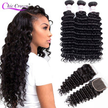 Load image into Gallery viewer, Peruvian Deep Wave Bundles With Closure Chic Crown 100% Human Hair Weave Bundles With Closure 3 Bundles With Lace Closure