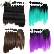 Load image into Gallery viewer, SOKU Synthetic Hair Bundles With Closure 14-18inch Yaki Straight Hair Weaving 6 Bundles With Lace Closure 185g 7pieces/pack