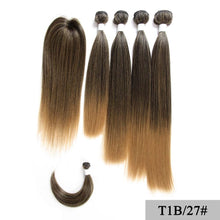 Load image into Gallery viewer, SOKU Synthetic Hair Bundles With Closure Bang 12-18inch Yaki Straight Hair Weaves For Full head Ombre Brown Hair Extension