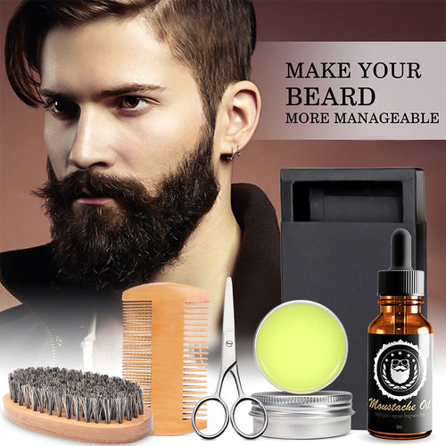 5pcs/set Men Beard Kits Grooming Beard Oil Moisture Wax Comb Essence Styling Scissors Beard Sets