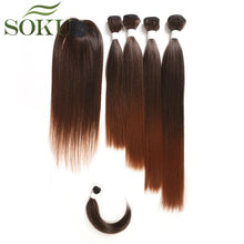 Load image into Gallery viewer, SOKU Synthetic Hair Bundles With Closure Bang 12-18inch Yaki Straight Hair Weaves For Full head Ombre Brown Hair Extension