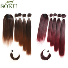 Load image into Gallery viewer, SOKU Synthetic Hair Bundles With Closure Bang 12-18inch Yaki Straight Hair Weaves For Full head Ombre Brown Hair Extension