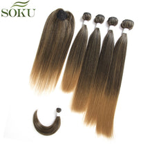 Load image into Gallery viewer, SOKU Synthetic Hair Bundles With Closure Bang 12-18inch Yaki Straight Hair Weaves For Full head Ombre Brown Hair Extension