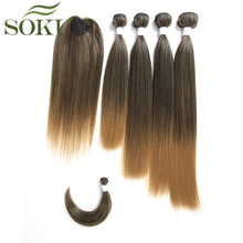 Load image into Gallery viewer, SOKU Synthetic Hair Bundles With Closure Bang 12-18inch Yaki Straight Hair Weaves For Full head Ombre Brown Hair Extension