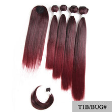 Load image into Gallery viewer, SOKU Synthetic Hair Bundles With Closure Bang 12-18inch Yaki Straight Hair Weaves For Full head Ombre Brown Hair Extension