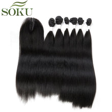 Load image into Gallery viewer, SOKU Synthetic Hair Bundles With Closure 14-18inch Yaki Straight Hair Weaving 6 Bundles With Lace Closure 185g 7pieces/pack